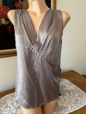 CAbi Taupe Satin Sleeveless V-Neck Blouse